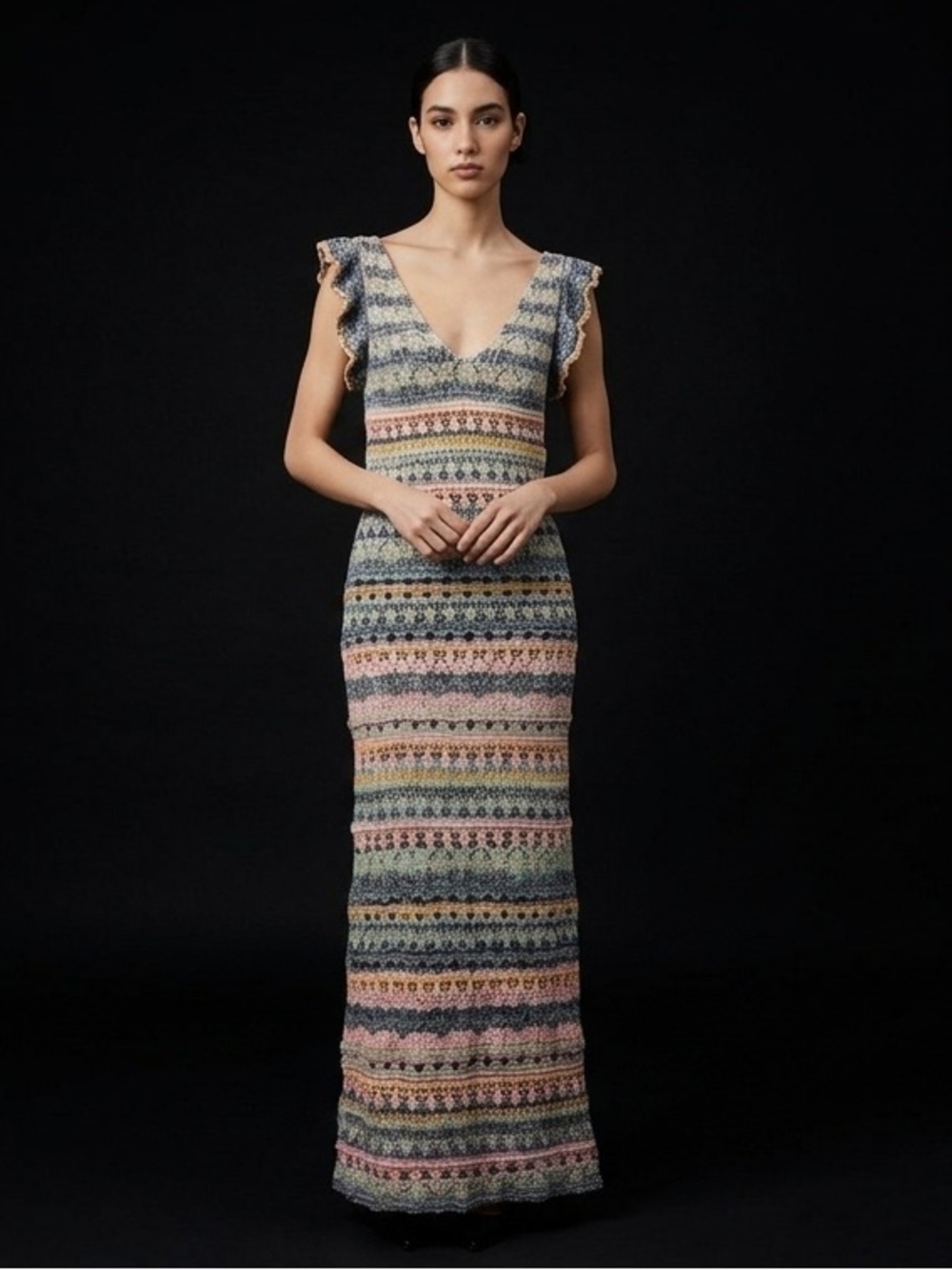 Zara Multicolor Striped Knit Maxi Dress in Blue, Pink, Cream